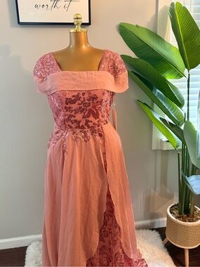 Elegant Pink Evening Gown with Sequin Bodice